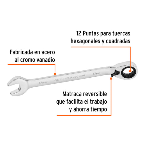 Llave combinada matraca reversible 17mmx223 mm largo, Expert | LL-2017MXR | 13728