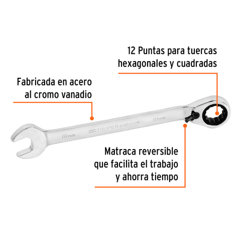 Llave combinada matraca reversible 18mmx231 mm largo, Expert | LL-2018MXR | 13754