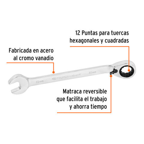 Llave combinada matraca reversible 19mmx241 mm largo, Expert | LL-2019MXR | 13756