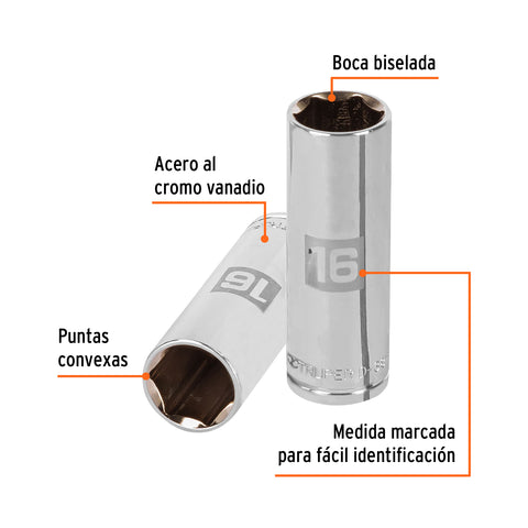 Dado largo de 16 mm, 6 puntas, cuadro 3/8', Truper | D-3816-HM-L | 13776