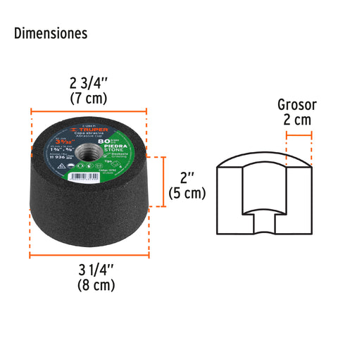 Copa desbaste de piedra 3-5/32' grano 80, eje 5/8-11, Truper | C-1284-PI | 13782