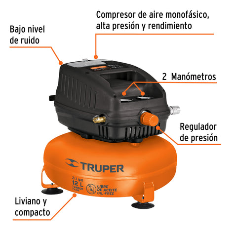 Compresor libre de aceite, 12L, 1HP, 127V, TRUPER | COMP-12S | 13824