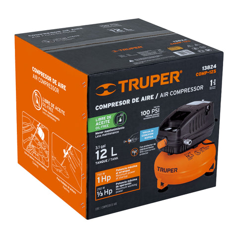 Compresor libre de aceite, 12L, 1HP, 127V, TRUPER | COMP-12S | 13824