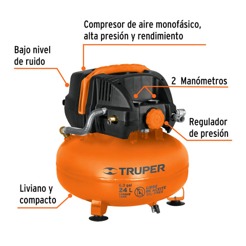 Compresor libre de aceite, 24L, 2-2/3HP, 127V, TRUPER | COMP-24S | 13830