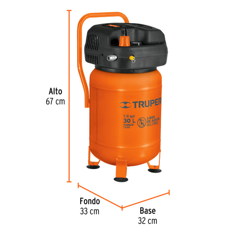 Compresor libre de aceite, 30L, 3HP, vertical, 127V, TRUPER | COMP-30S | 13836