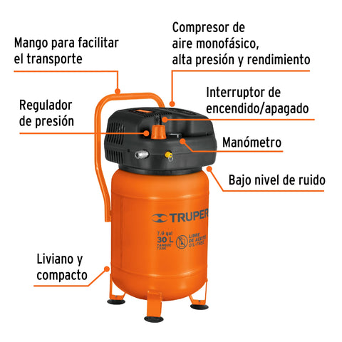Compresor libre de aceite, 30L, 3HP, vertical, 127V, TRUPER | COMP-30S | 13836