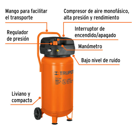 Compresor libre de aceite, 50L, 3HP, vertical, 127V, TRUPER | COMP-50S | 13847