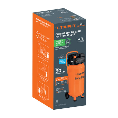 Compresor libre de aceite, 50L, 3HP, vertical, 127V, TRUPER | COMP-50S | 13847