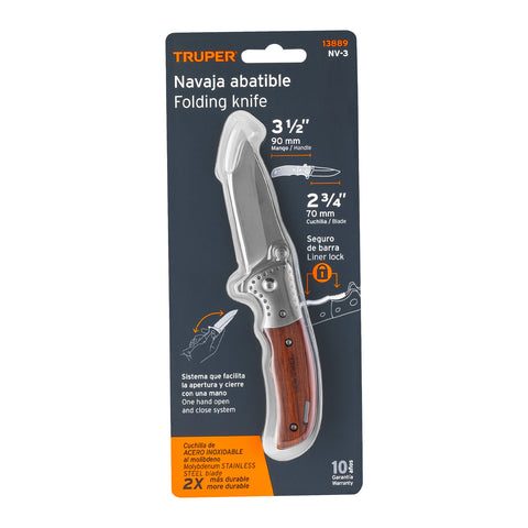 Navaja abatible 3-1/2' mango de madera, Truper | NV-3 | 13889