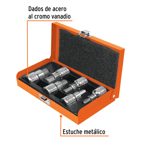Juego de 6 dados cuadro 1/2' punta hex mm, estuche metálico | JPH-1/2X6M | 13926