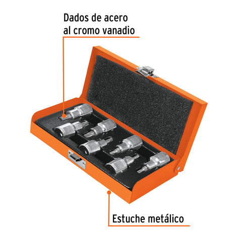 Juego de 7 dados cuadro 1/2' punta torx, estuche metálico | JPT-1/2X7 | 13928