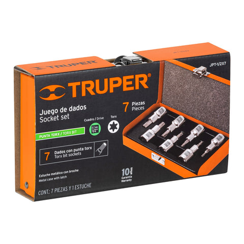 Juego de 7 dados cuadro 1/2' punta torx, estuche metálico | JPT-1/2X7 | 13928