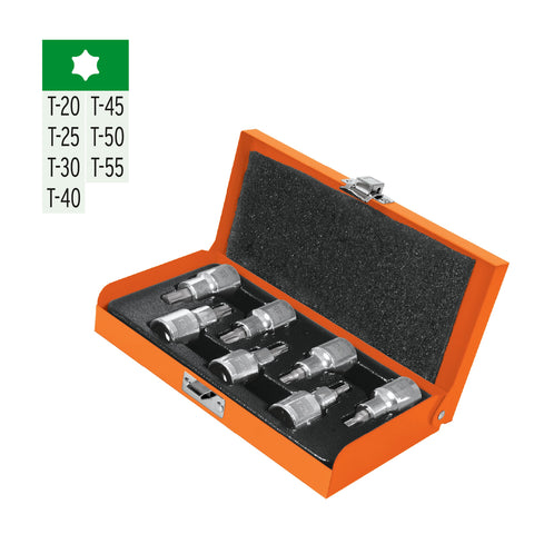 Juego de 7 dados cuadro 1/2' punta torx, estuche metálico | JPT-1/2X7 | 13928