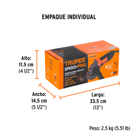 Esmeriladora angular 4-1/2', 950W, TRUPER ERGO PRO | ERGO-4590 | 13935