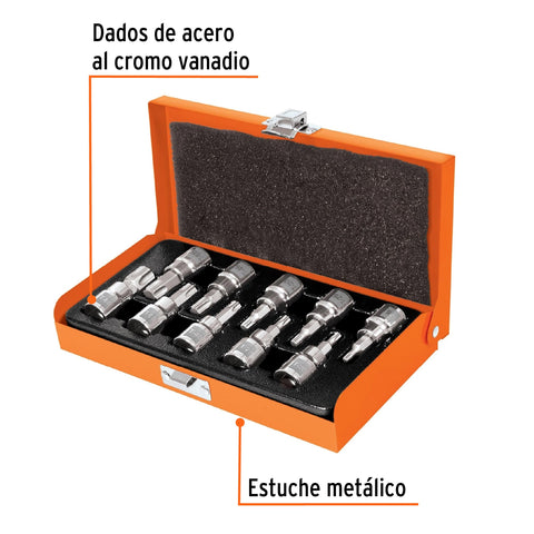 Juego de 10 dados cuadro 3/8' punta torx, estuche metálico | JPT-3/8X10 | 13976