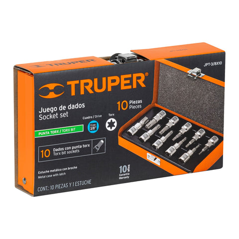 Juego de 10 dados cuadro 3/8' punta torx, estuche metálico | JPT-3/8X10 | 13976