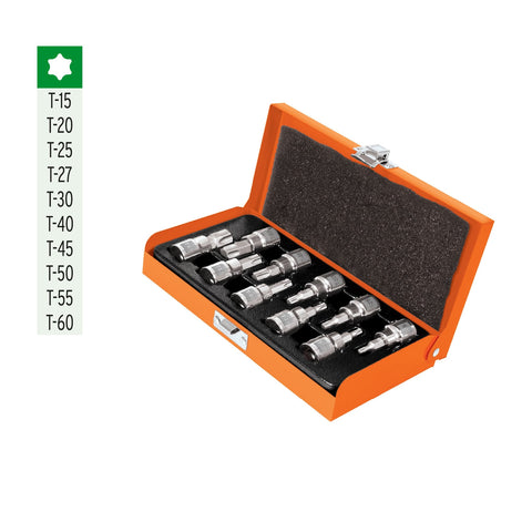 Juego de 10 dados cuadro 3/8' punta torx, estuche metálico | JPT-3/8X10 | 13976