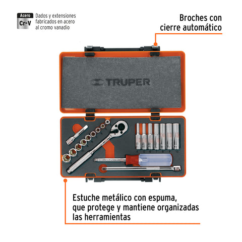 Juego de 20 herramientas cuadro 1/4' mm para mecánico | JD-1/4X21M | 13981