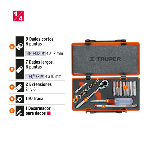 Juego de 20 herramientas cuadro 1/4' mm para mecánico | JD-1/4X21M | 13981