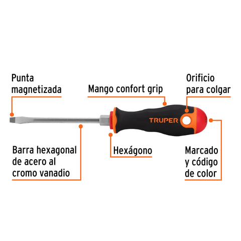Desarmador plano 3/16' x 4' mango Comfort Grip, Truper | DR-3/16X4B | 13992