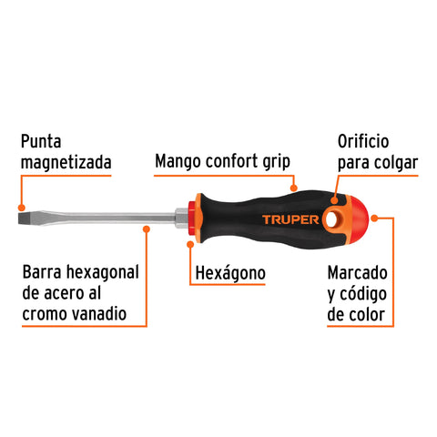 Desarmador plano 1/4' x 4' mango Comfort Grip, Truper | DR-1/4X4B | 13998