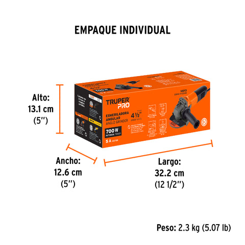 Esmeriladora angular 4-1/2', 700W, TRUPER PRO | ESMA-4-1/2A12 | 14013