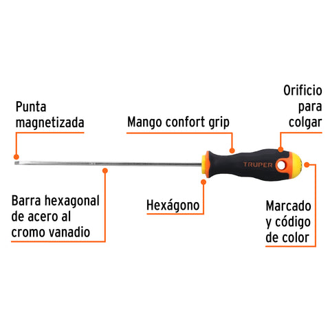 Desarmador cabinet 1/8' x 6' mango Comfort Grip, Truper | DG-1/8X6B | 14025