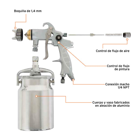 Pistola p/pintar succión HVLP vaso aluminio, 1.4 mm, Expert | PIPI-340X | 14030