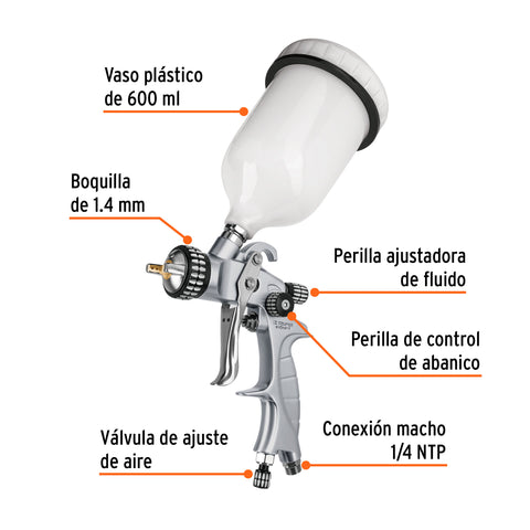 Pistola p/pintar gravedad HVLP vaso plástico, 1.4 mm, Expert | PIPI-440X | 14031