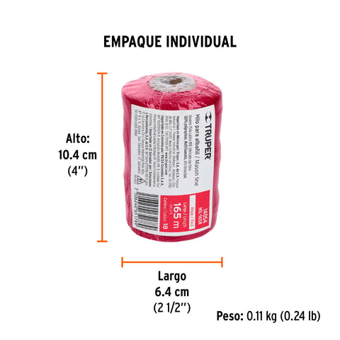 Carrete con 165 m de hilo para albañil rojo, Truper | HIL-165R | 14054