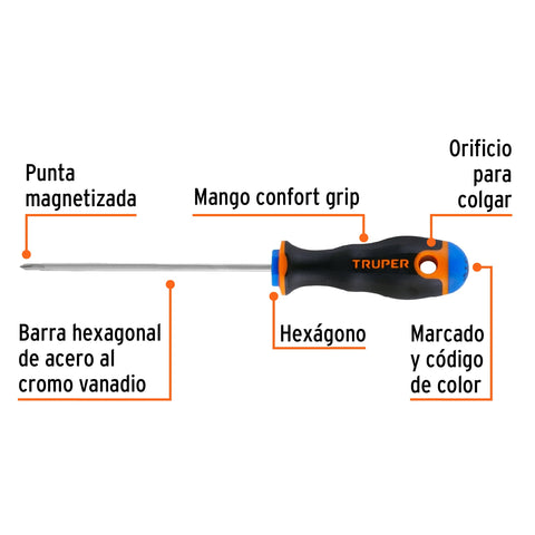 Desarmador de cruz 1/8' x 4' mango Comfort Grip, Truper | DP-1/8X4B | 14055