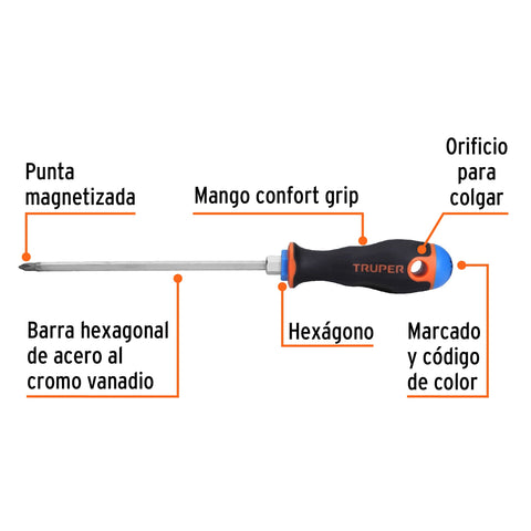 Desarmador de cruz 3/16' x 6' mango Comfort Grip, Truper | DP-3/16X6B | 14067