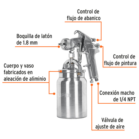 Pistola p/pintar succión HVHP vaso alum, 1.8mm, 3 vál Truper | PIPI-320 | 14085