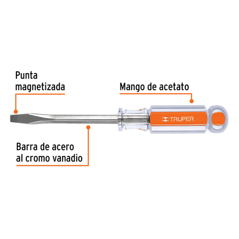 Desarmador plano 1/4 x 4' barra cuadrada mango acetato | DC-1/4X4 | 14092