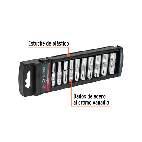 Juego de 10 dados largos cuadro 1/4' std, Truper | JD-1/4X10LP | 14167