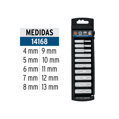 Juego de 10 dados largos cuadro 1/4' mm, Truper | JD-1/4X10LM | 14168