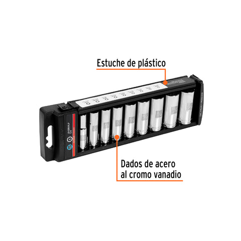 Juego de 9 dados largos cuadro 3/8' std, Truper | JD-3/8X9LP | 14172