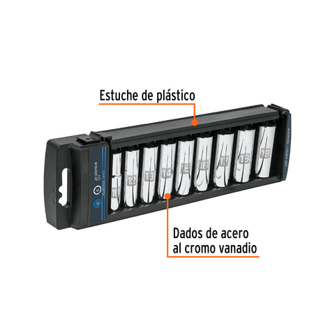 Juego de 9 dados largos cuadro 3/8' mm, Truper | JD-3/8X9LM | 14173