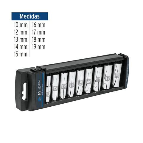 Juego de 9 dados largos cuadro 3/8' mm, Truper | JD-3/8X9LM | 14173