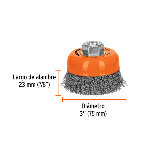 Carda copa 3' alambre ondulado fino, eje 5/8'-11, Truper | CO-508 | 14182