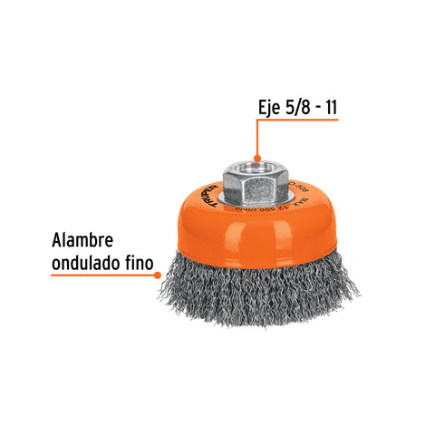 Carda copa 3' alambre ondulado fino, eje 5/8'-11, Truper | CO-508 | 14182