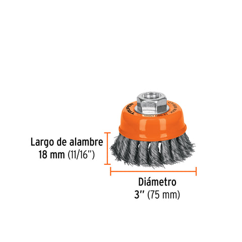 Carda copa 3' alambre trenzado fino, eje 5/8'-11, Truper | CT-608 | 14186