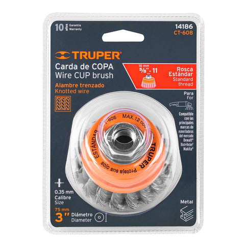 Carda copa 3' alambre trenzado fino, eje 5/8'-11, Truper | CT-608 | 14186