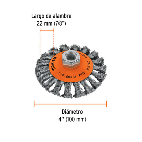 Carda tipo cónico 4' alambre trenzado, eje 5/8'-11, Truper | CATR-4E | 14190