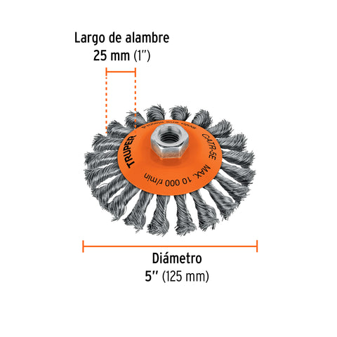 Carda tipo cónico 5' alambre trenzado, eje 5/8'-11, Truper | CATR-5E | 14191