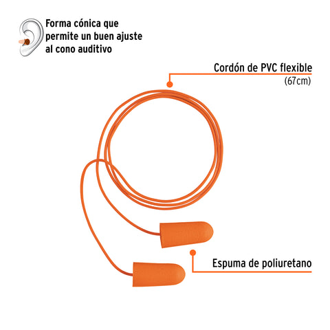 Tapón auditivo desechable de espuma con cordón, Truper | TAC | 14223