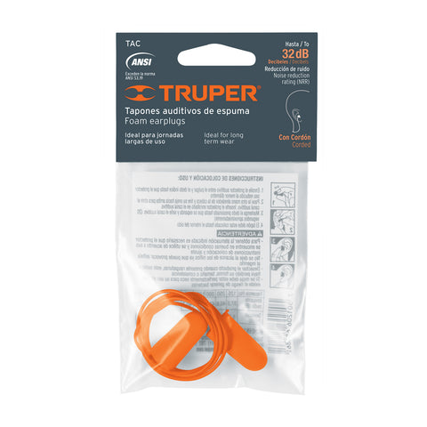 Tapón auditivo desechable de espuma con cordón, Truper | TAC | 14223