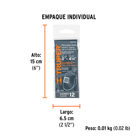 Lente sombra 12 para caretas CASO-3 y CASO-300-P, TRUPER | CRI-C-12 | 14276