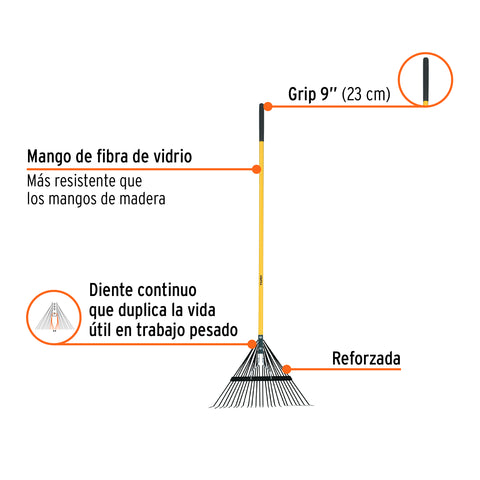 Escoba metálica para jardín, recta, 24 dientes, mango 54' | EMX-24 | 14342