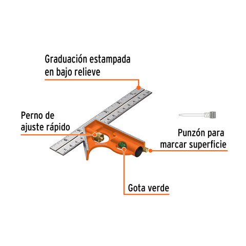 Escuadra 7' de combinación con punzón para marcar, Truper | ECT-6 | 14369